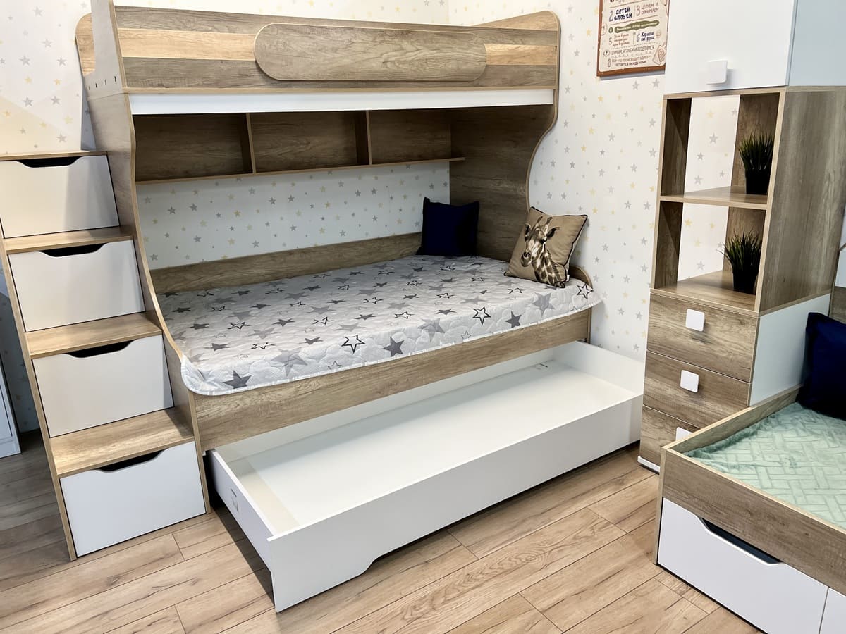 Кровать БИГ 120х200 с доп.спальным местом (дуб каньон + белый)