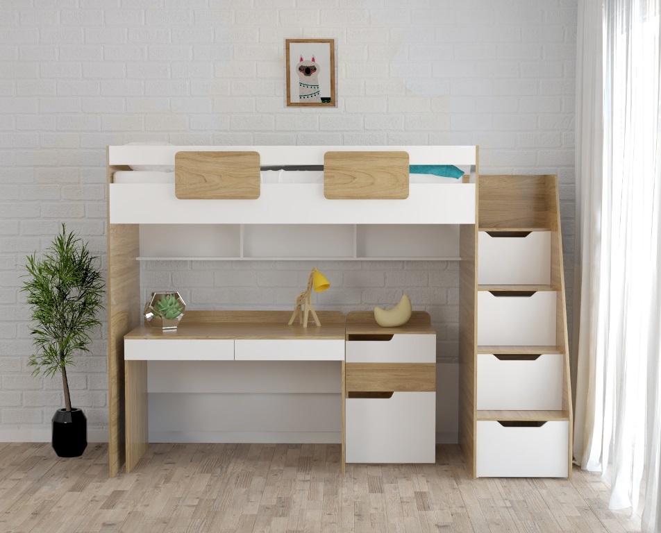 Комплект мебели: кровать-чердак Мозаика + стол + тумба 