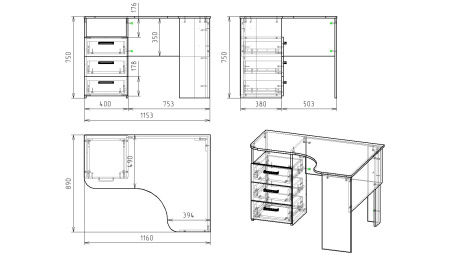 Стол угловой Твой Стиль с 3 ящиками (без принта) от Династия Kids