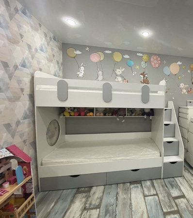 Двухъярусная кровать Фортуна. Серебро + белый 180х80 от Династия Kids
