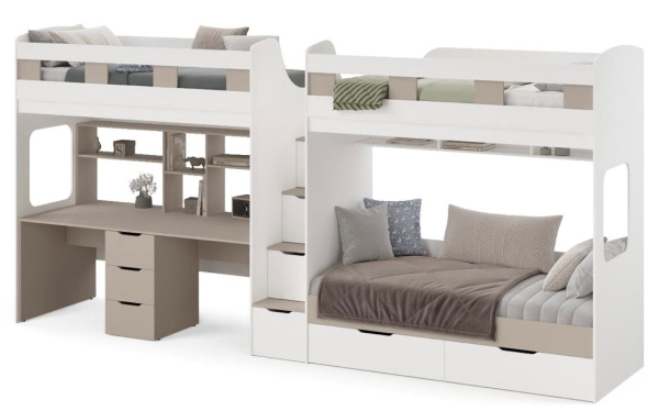 Кровать 3-х ярусная Квартет со столом для 2 детей (велюр + белый)