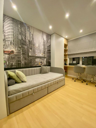 Мягкая кровать Слайт Полоса 80х190 (прямая спинка). Велюр Тедди  от Династия Kids