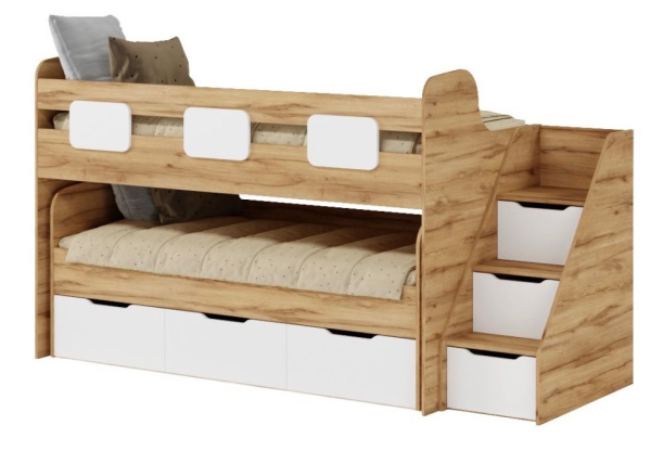 Кровать 2-х ярусная Городок (дуб золотистый + белый). Правая/левая от Династия Kids