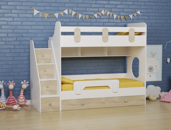 Двухъярусная кровать Фортуна-2 (левая) Корпус белый+фасады дуб сонома 180х80