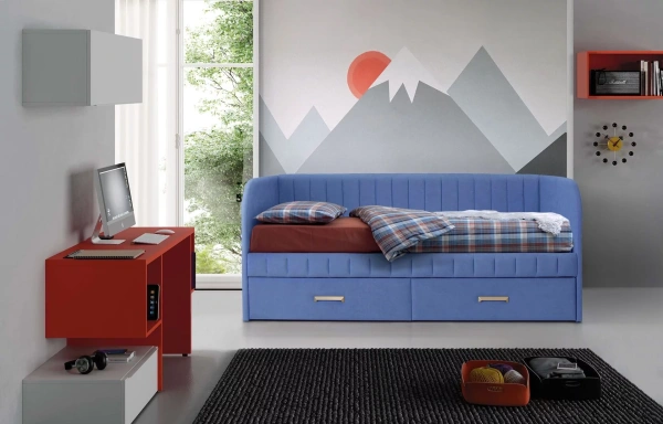 Мягкая кровать Слайт Полоса 90х200 (прямая спинка). Велюр Тедди от Династия Kids