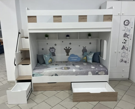 Кровать 2-х ярусная Твинс 190х90 (дуб золотистый + белый) от Династия Kids