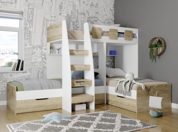 Трехъярусная кровать Династия 190х90 (дуб сонома+белый) 