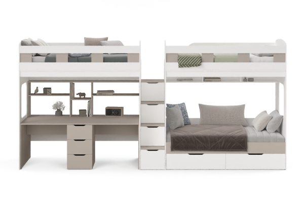 Кровать 3-х ярусная Квартет со столом для 2 детей (велюр + белый)