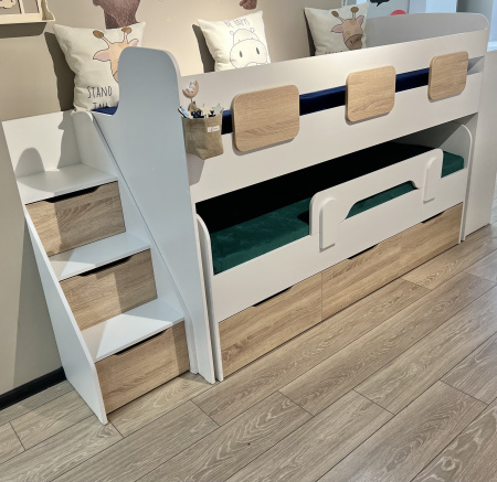 Кровать 2-х ярусная Городок (дуб золотистый + белый). Правая/левая от Династия Kids