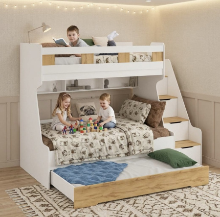 Кровать РУМ 120х200 (корпус дуб золотистый + фасады белые) от Династия Kids