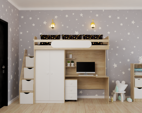 Кровать-чердак 90х200 Колледж-2 (дуб сонома + белый) от Династия Kids