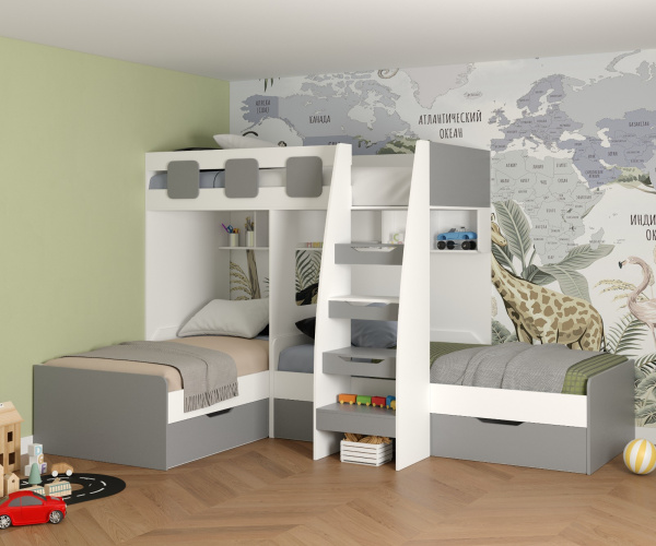Трехъярусная кровать Династия 190х90 (дуб сонома+белый) 