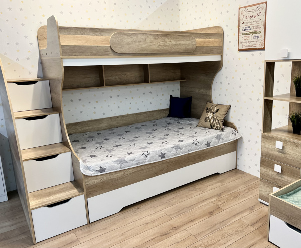 Кровать БИГ 120х200 с доп.спальным местом (дуб каньон + белый) от Династия Kids