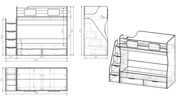 Двухъярусная кровать МИА (графит+дуб золотистый) 180х80 от Династия Kids