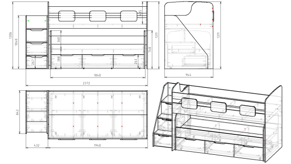 Кровать 2-х ярусная Городок (дуб золотистый + белый). Правая/левая от Династия Kids