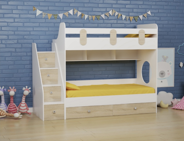 Двухъярусная кровать Фортуна-2 (левая) Корпус белый+фасады дуб сонома 180х80 от Династия Kids