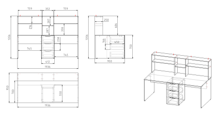 Кровать 3-х ярусная Квартет со столом для 2 детей (велюр + белый)