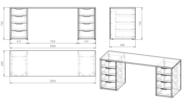Стол Дуэт 2000 мм (белый) две тумбы от Династия Kids