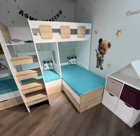 Кровать 3-х ярусная Династия (белый+дуб каньон)