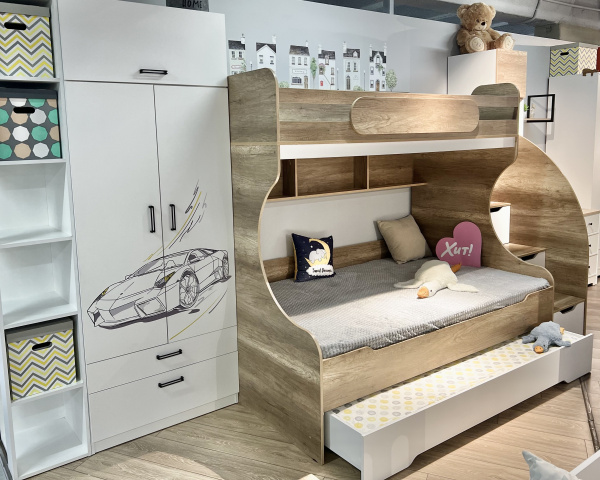 Кровать БИГ 120х200 с доп.спальным местом (дуб каньон + белый) от Династия Kids