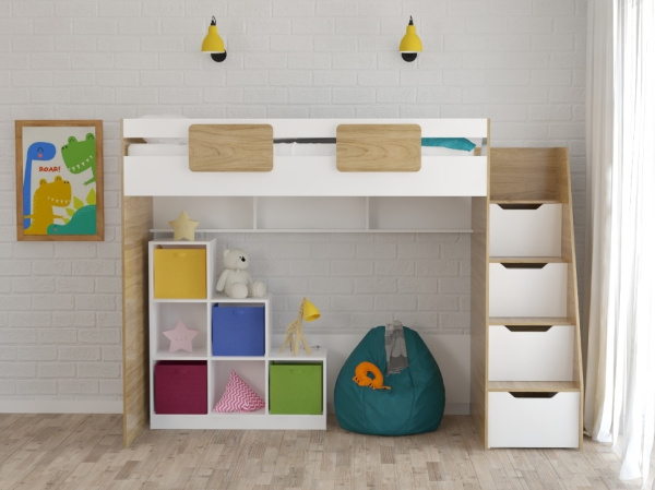 Комплект мебели (кровать-чердак Мозаика + стеллаж)